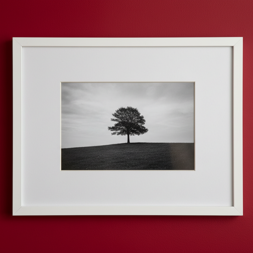 framed photo in a white frame, red backdrop