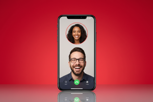 phone with facetime call ongoing, red background