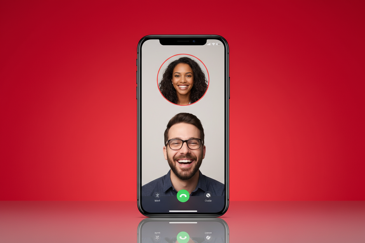 phone with facetime call ongoing, red background